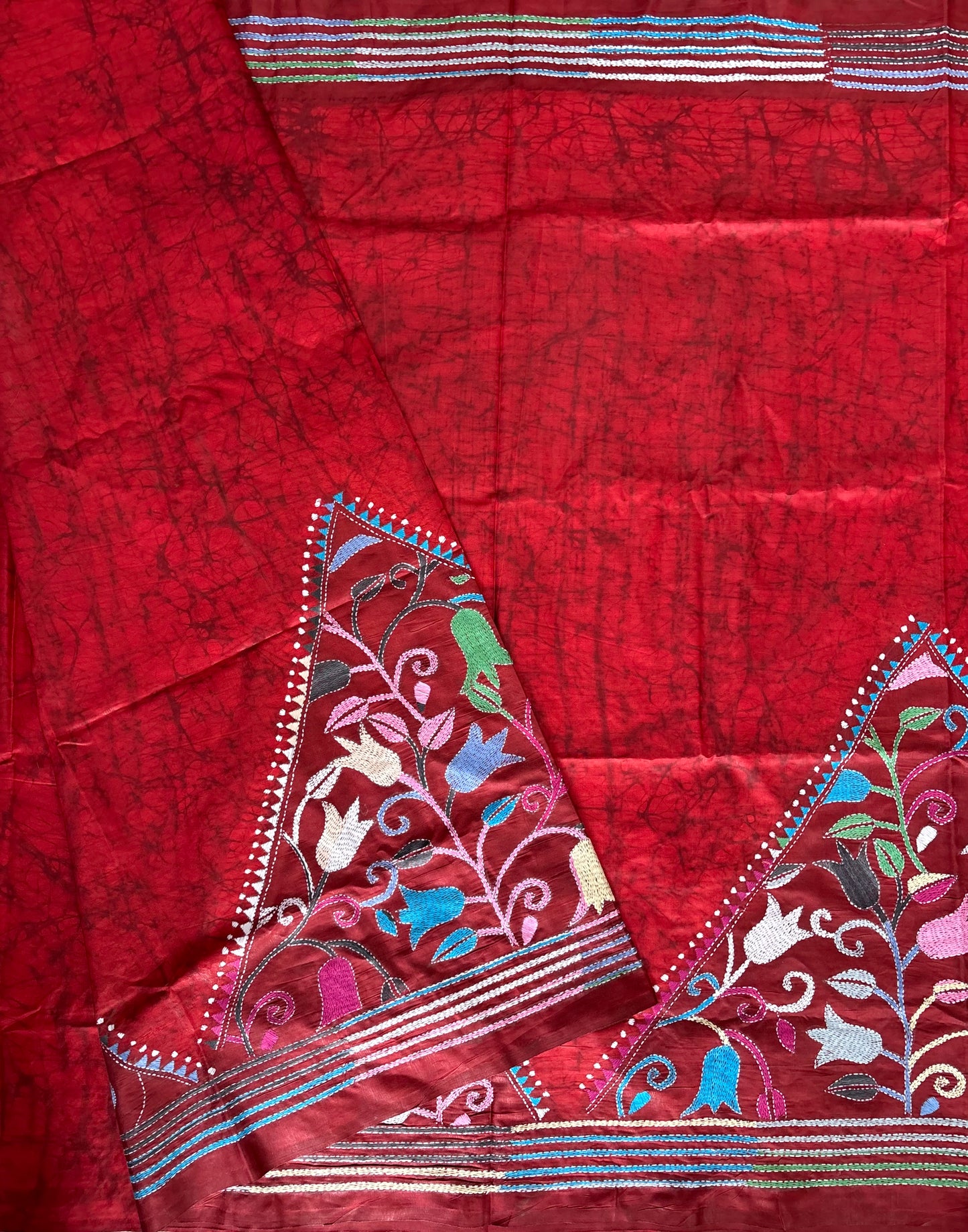 Kantha Hand Embroidered Blended Banglore Silk/Art Silk Saree With Blouse