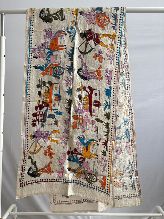 Kantha Pure Tassar Silk Stole | Off white | 22" |