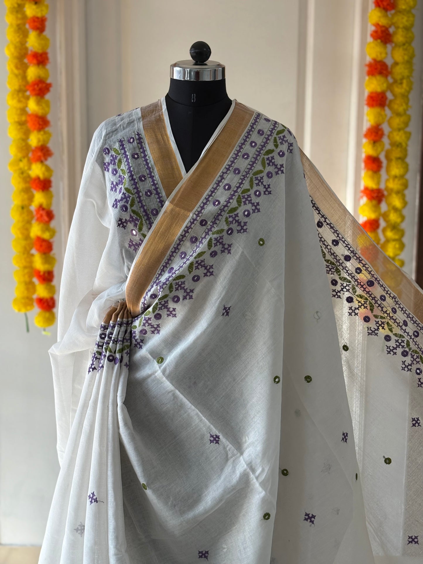 Gujrati Stitch/Kutch Hand Embroidered South Cotton Saree