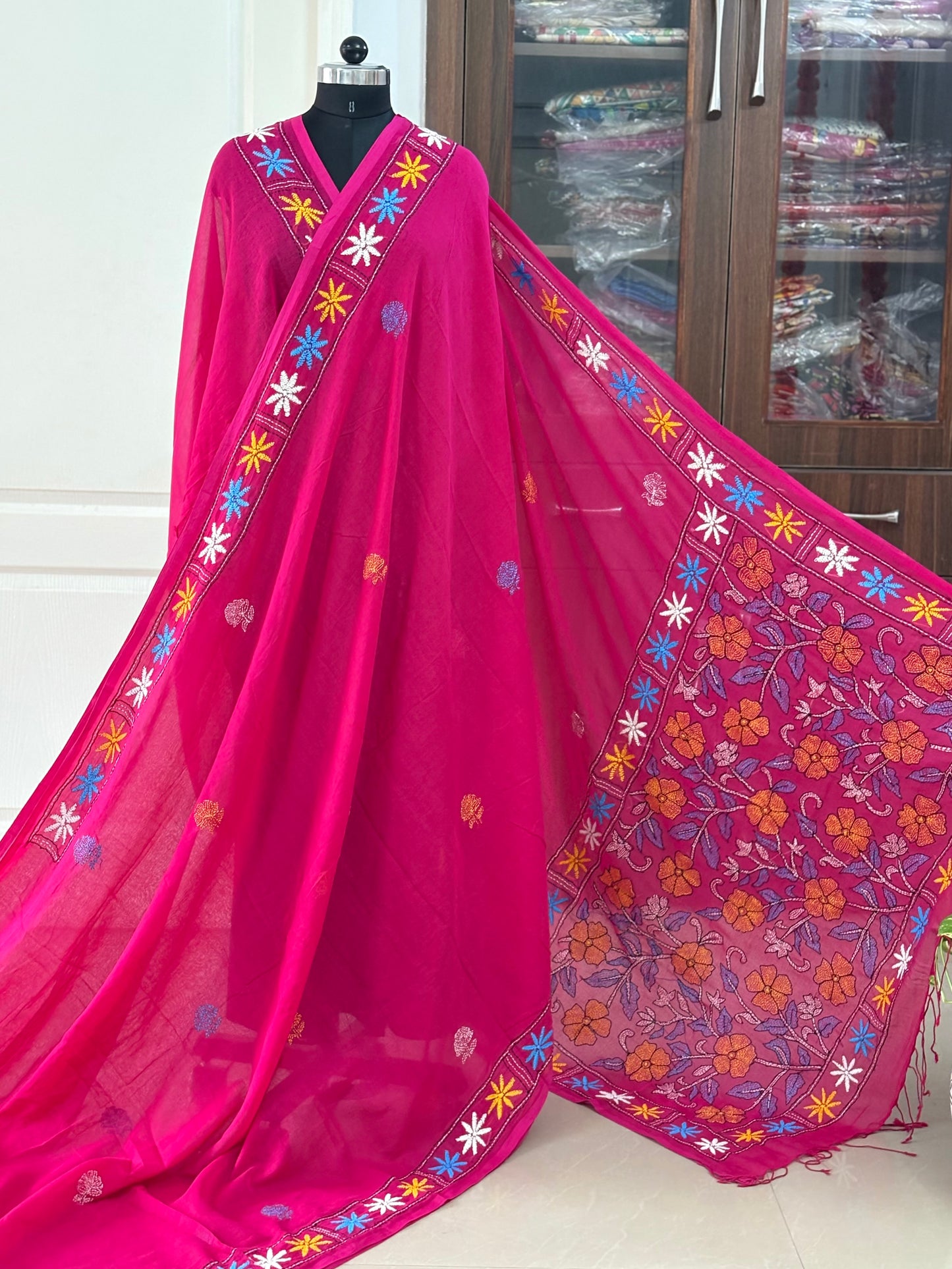 Kantha stitch Hand Embroidered Pure mul Cotton Saree