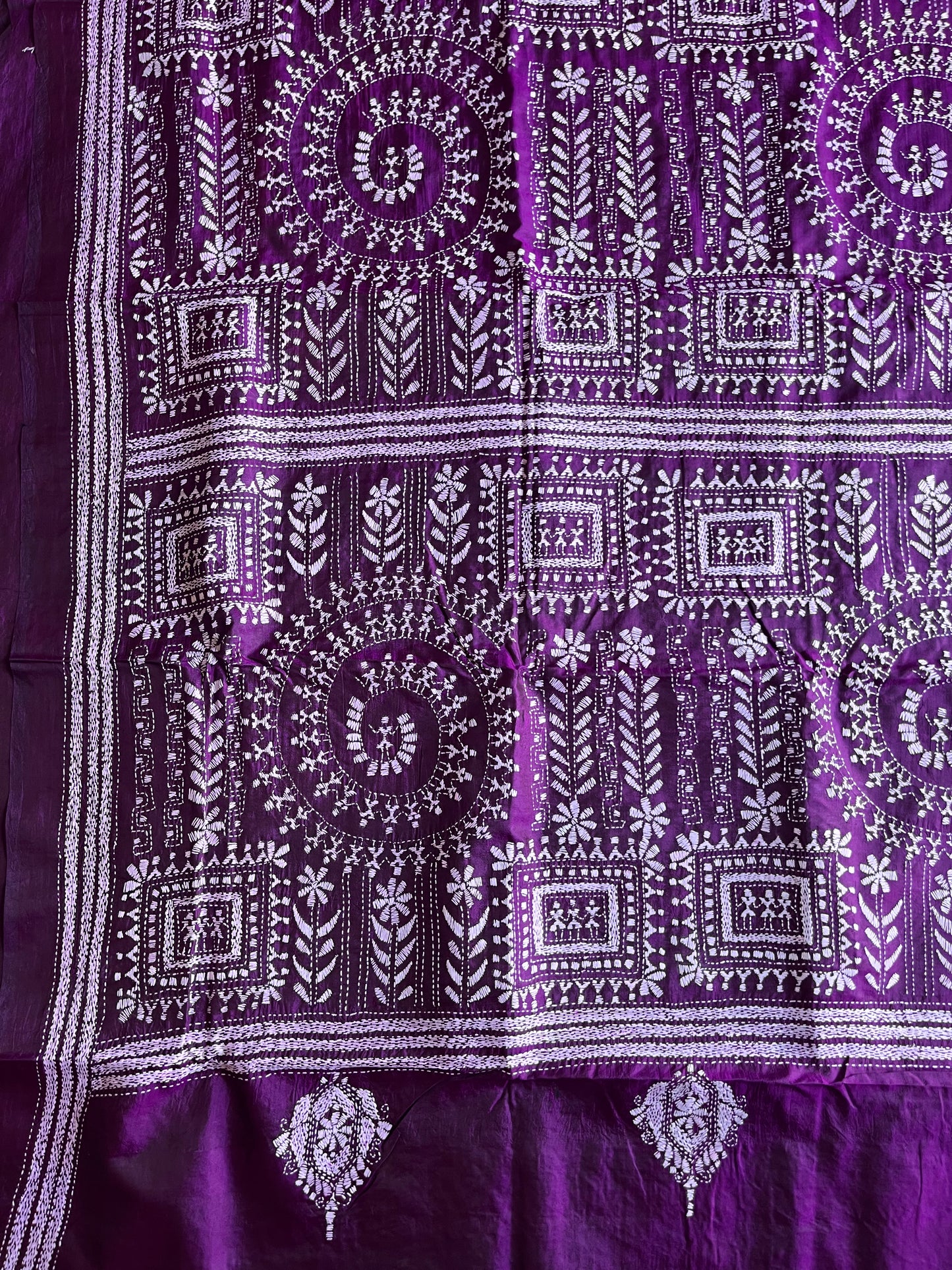 Purple Kantha Stitch Hand Embroidered Pure Banglore Silk Saree