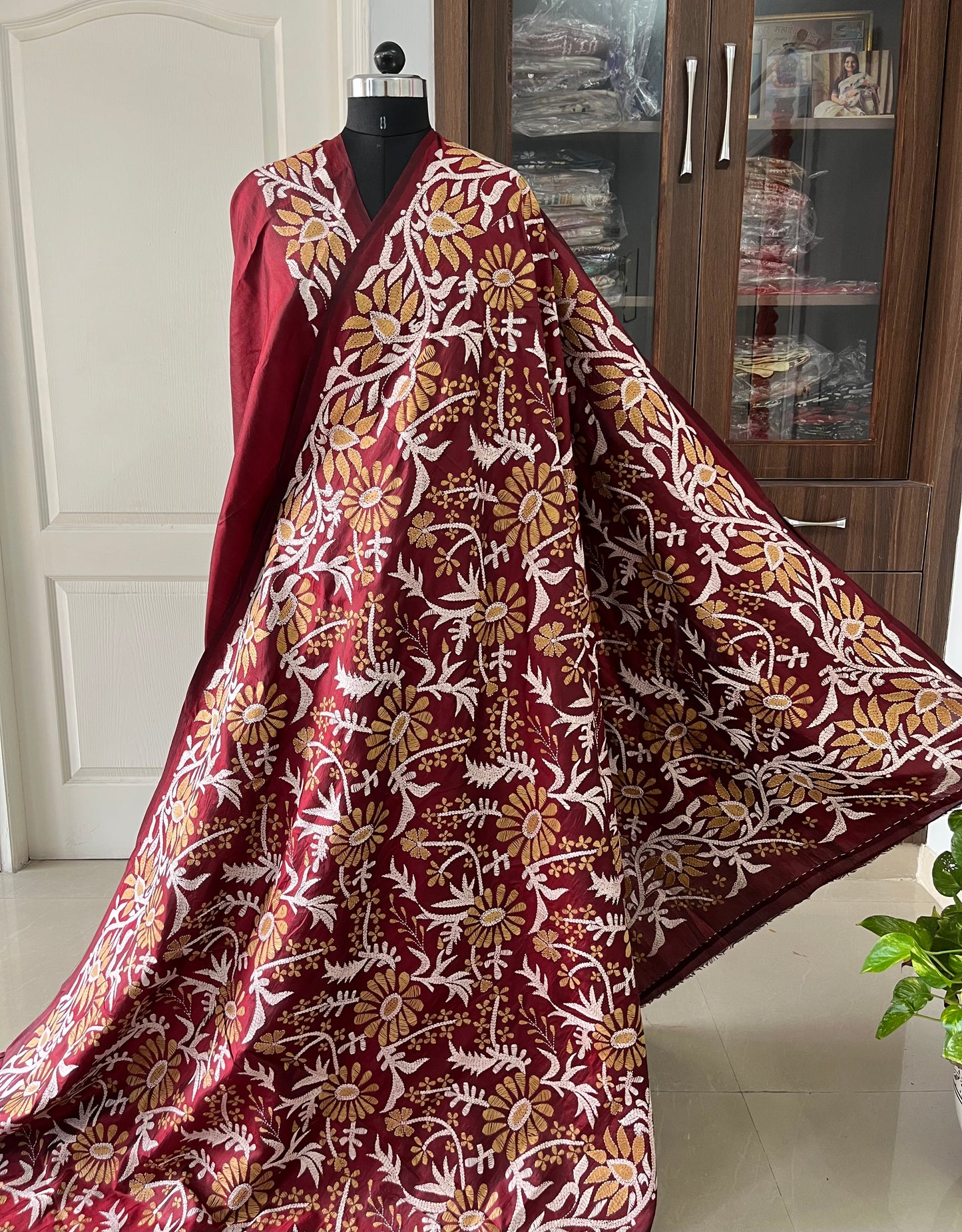 Maroon Kantha Stitch Hand Embroidered Pure Banglore Silk Saree