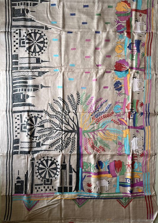 Kantha Stitch Hand Embroidered Pure Gachi by Gachi Tussar Silk Saree (Silk Marked)