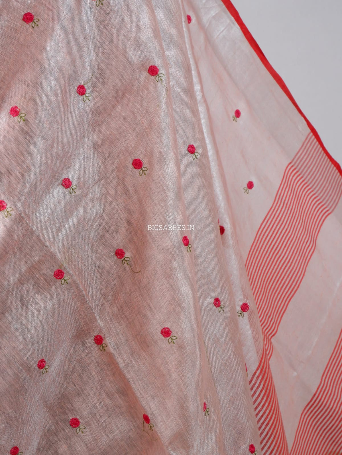 Tissue Linen Blend machine embroidered Saree | Light Pink