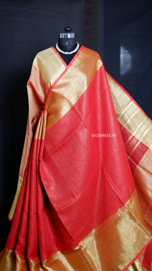 Red golden pure Linen By Linen Saree With running Blouse