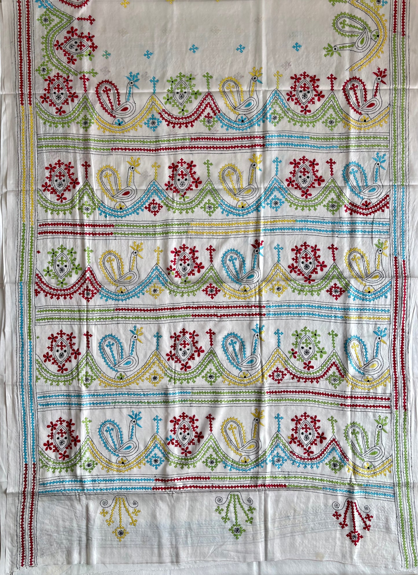Gujrati Stitch/Kutch Hand Embroidered Art Silk Saree