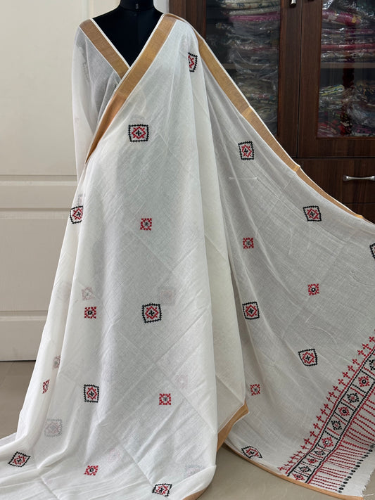 Gujrati Stitch/Kutch Hand Embroidered South Cotton Saree
