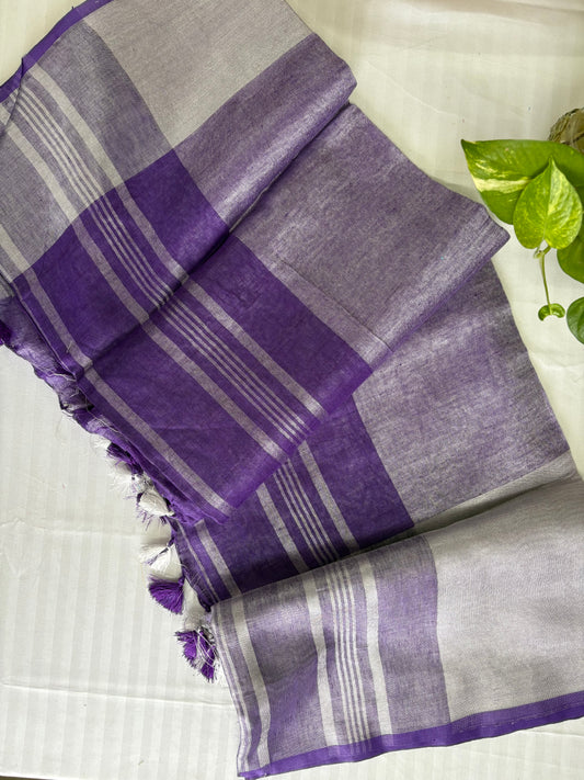 Lavender silver pure Linen By Linen Saree With running Blouse