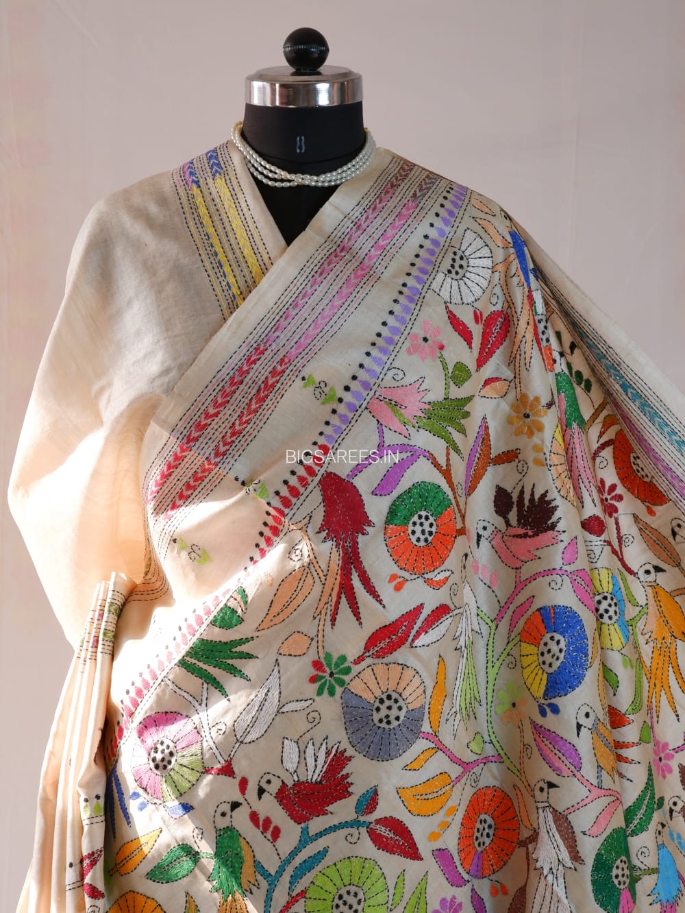 Kantha Stitch Hand Embroidered Saree | Pure Tussar Silk | Silk Mark Certified