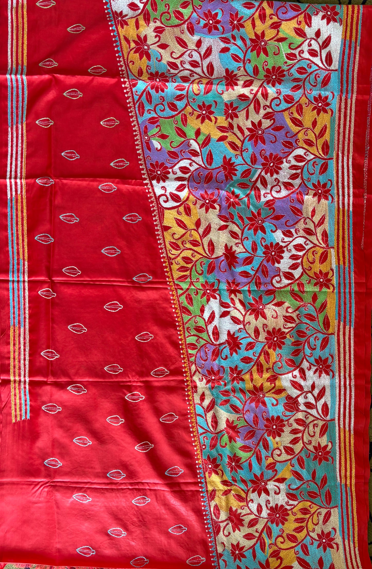 Kantha - Stitch Hand Embroidered Saree| Blended Bangalore Silk / Art Silk