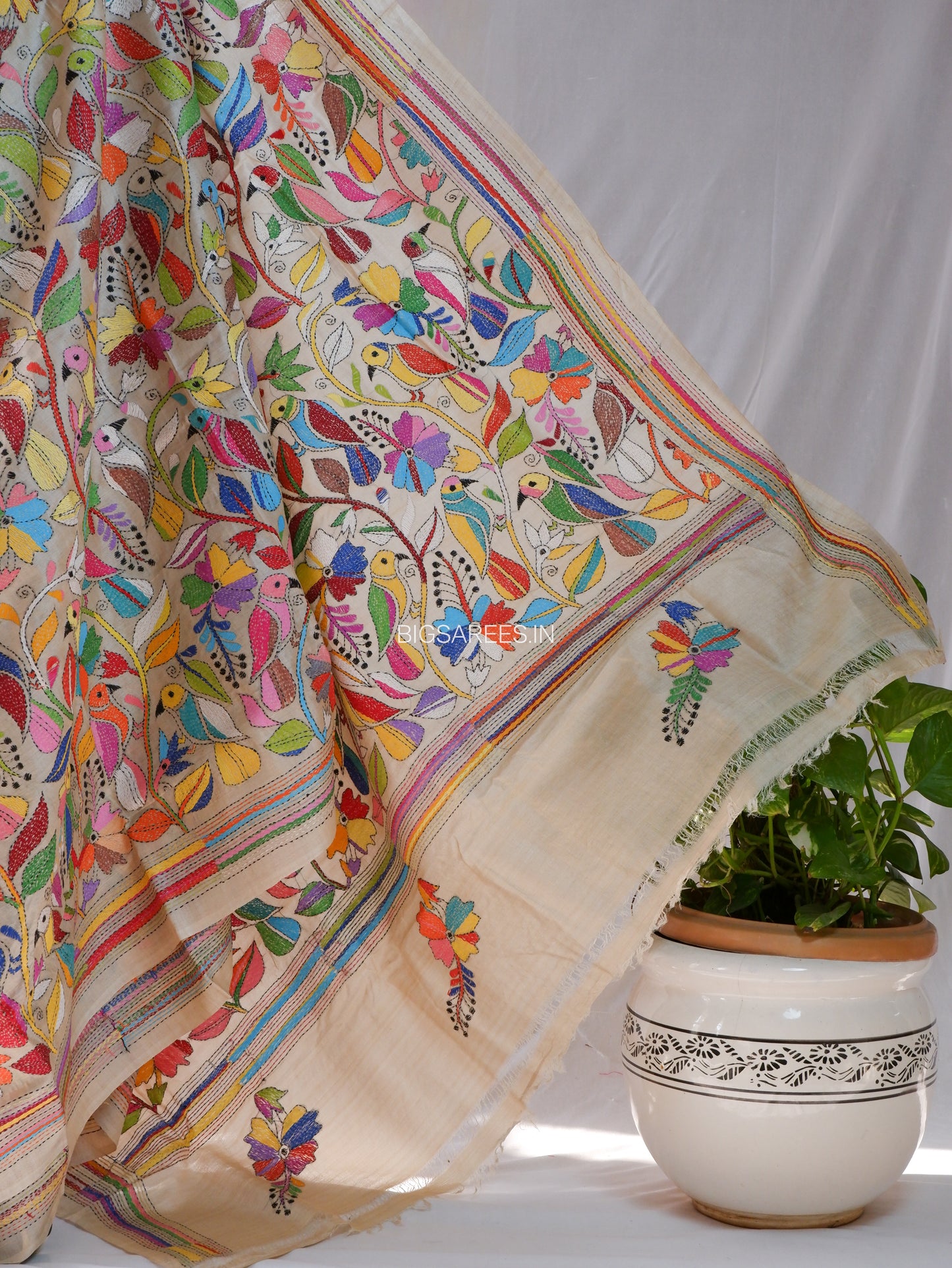Kantha Stitch Hand Embroidered Saree | Pure Tussar Silk | Silk Mark Certified | Light Beige