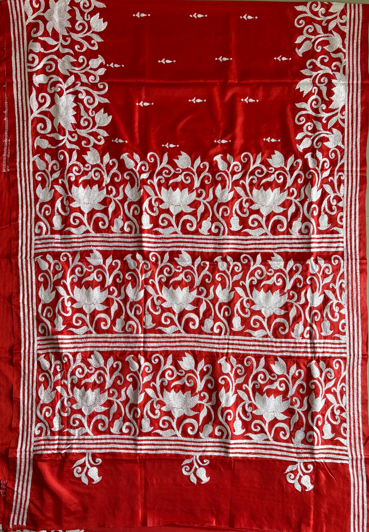Red Kantha Hand Embroidered Blended Banglore Silk/Art Silk Saree With Blouse