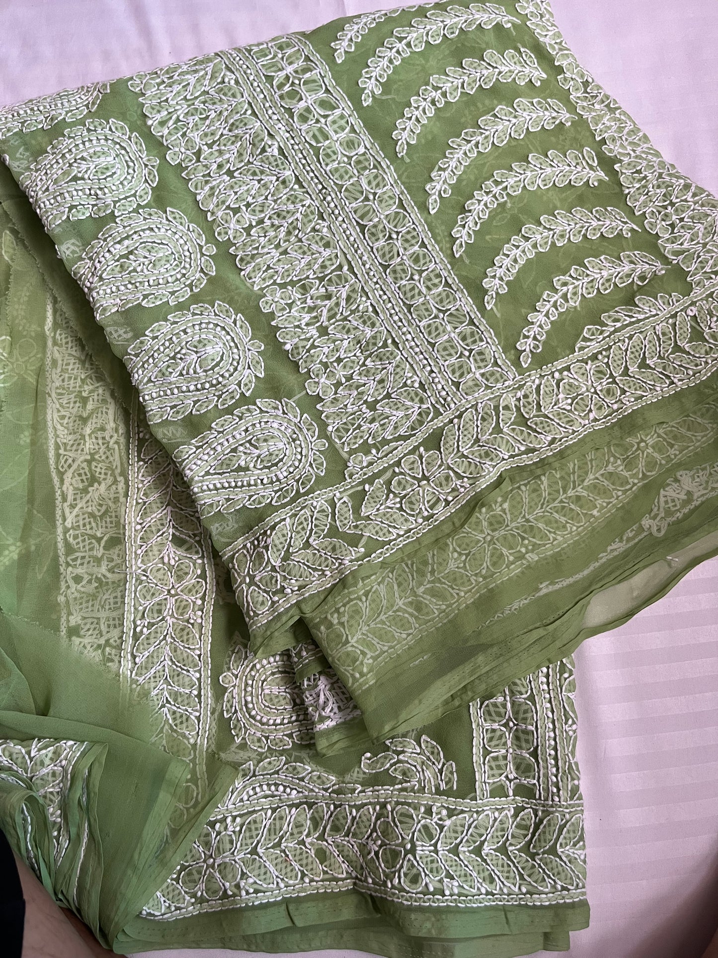 Green Georgette Chikankari Work Hand Embroidered Saree