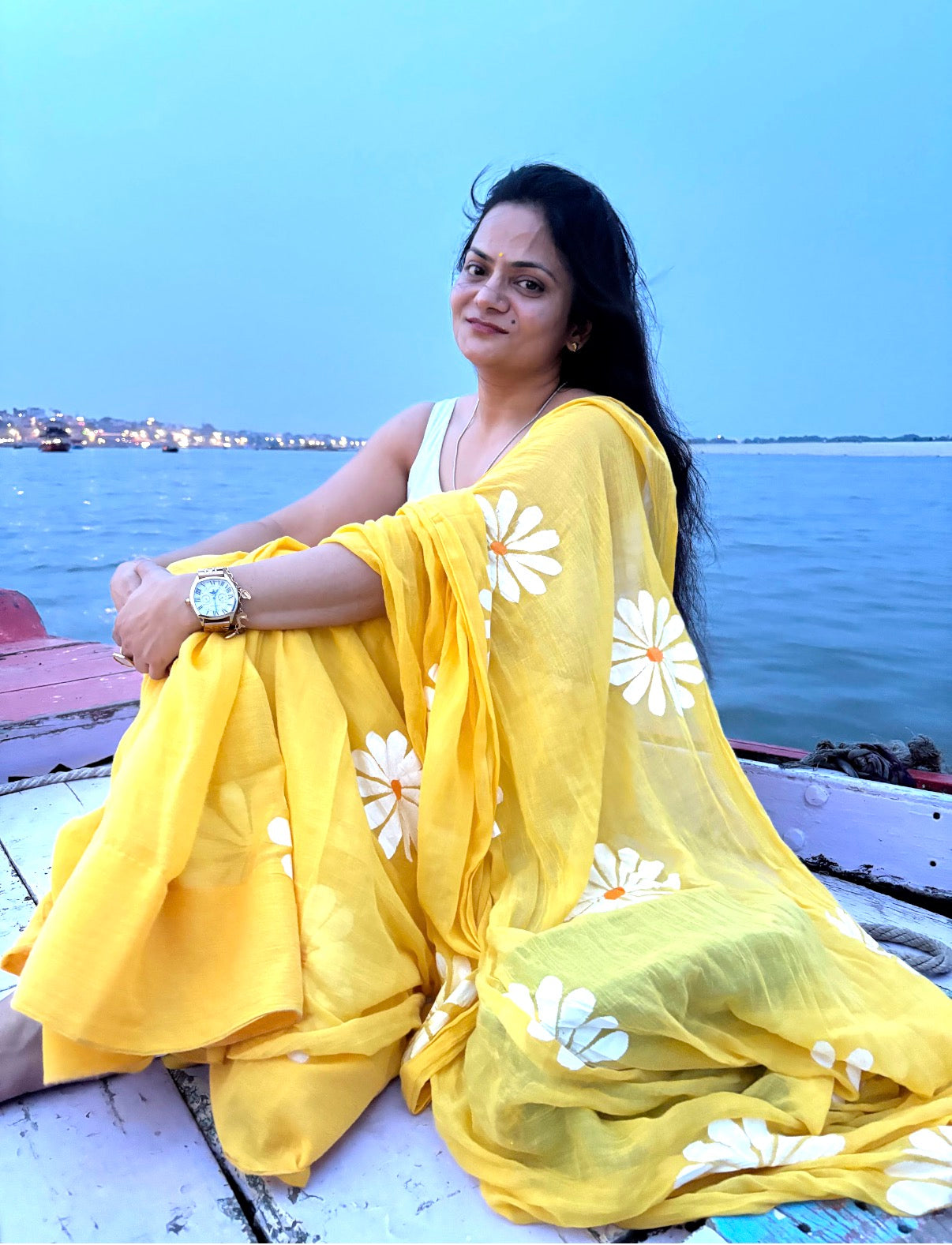 Hand Painted Mul Cotton Saree with Blouse | Yellow