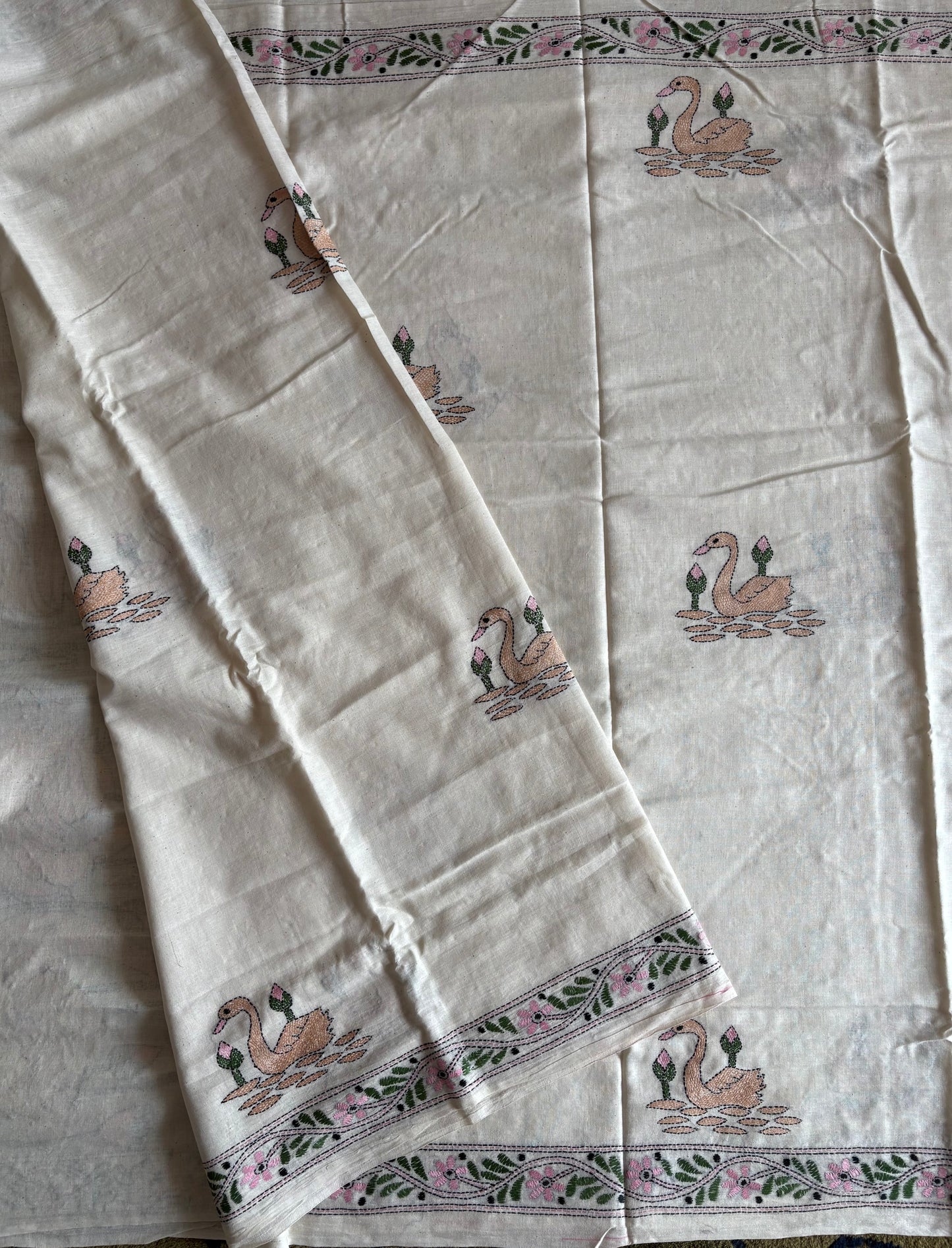 Kantha stitch Khadi Cotton Saree - Off white