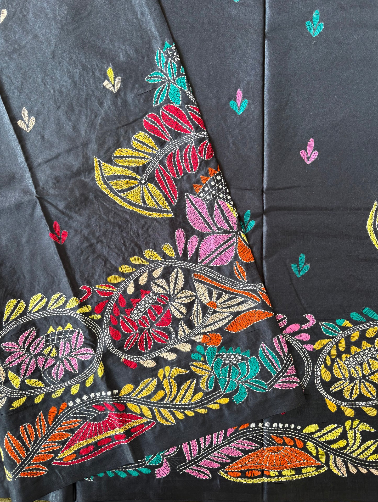 Kantha Stitch Hand Embroidered Art Silk Saree With Blouse