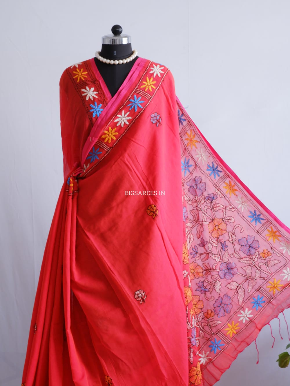 Kantha stitch Hand Embroidered Pure mul Cotton Saree