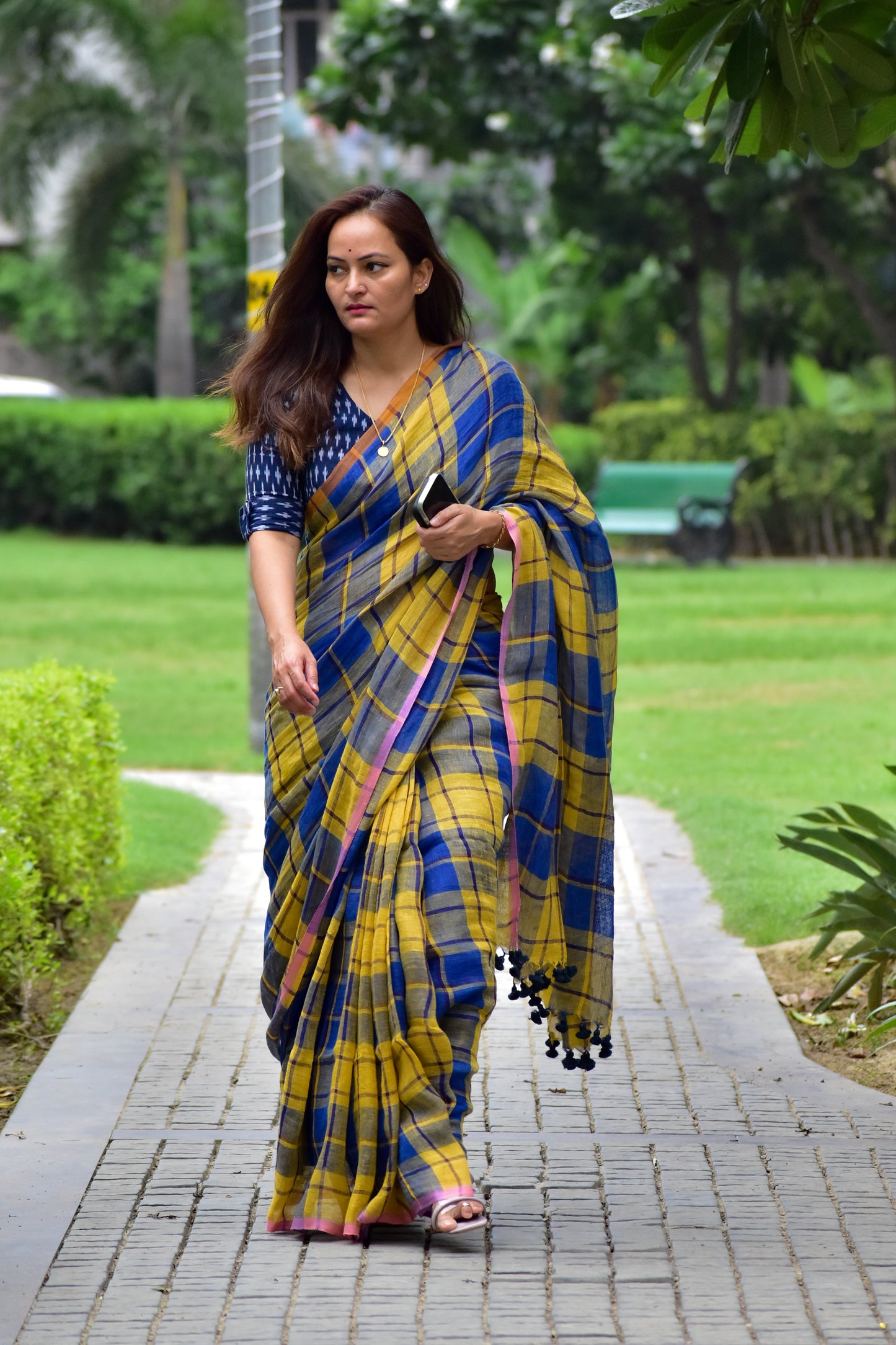 Pure Jayshree Linen Saree | Checks | Blue - Yellow