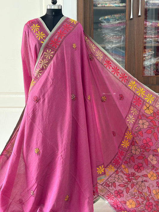 Kantha stitch Hand Embroidered Pure mul Cotton Saree