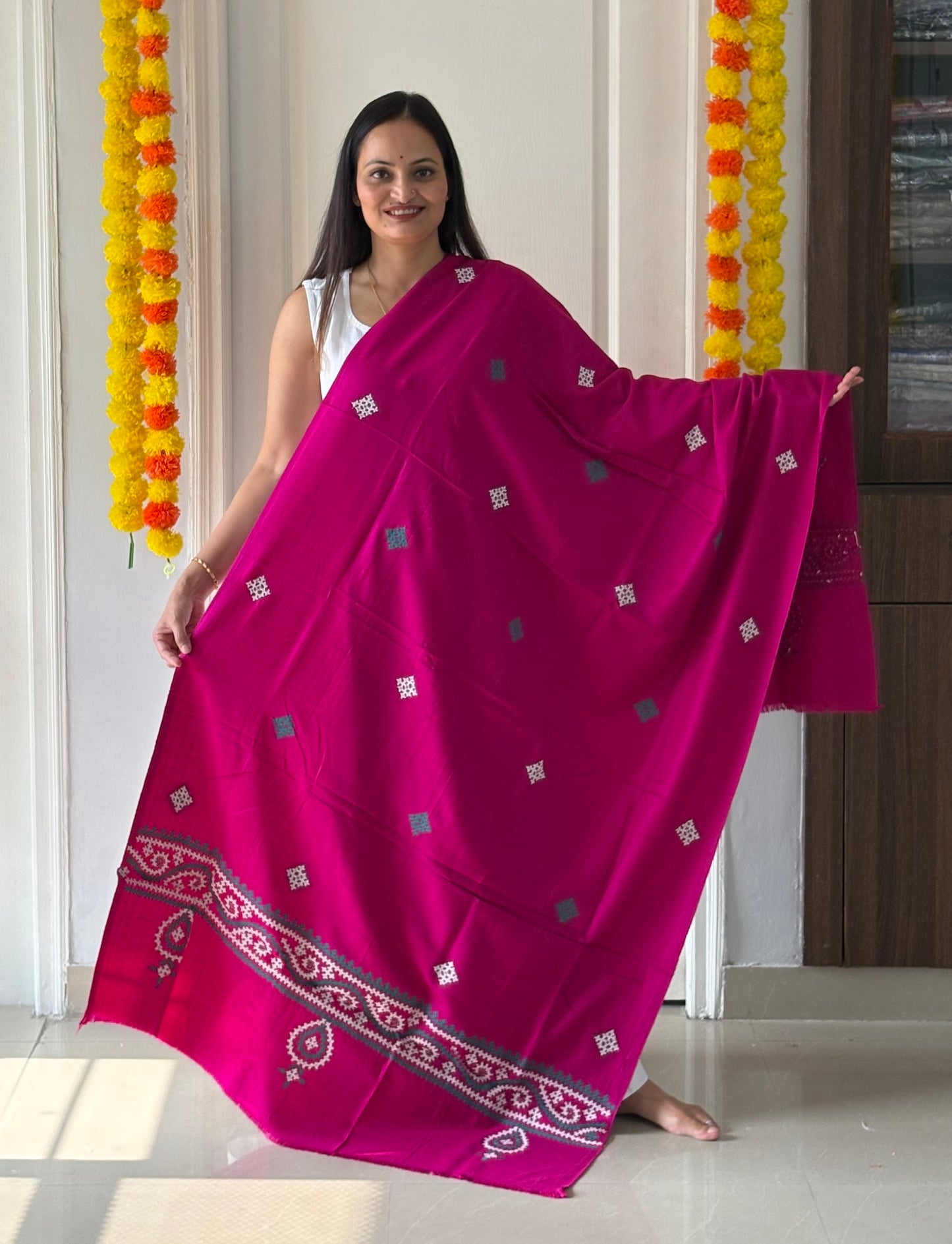 Gujrati Stitch Hand Embroidered Woollen Warm Shawl