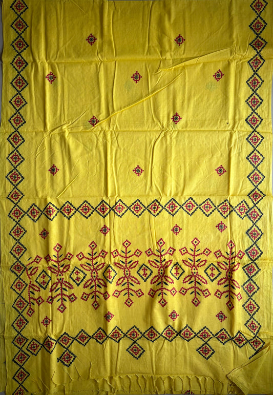 Kutchi work Hand Embroidered Pure Cotton Saree – Yellow