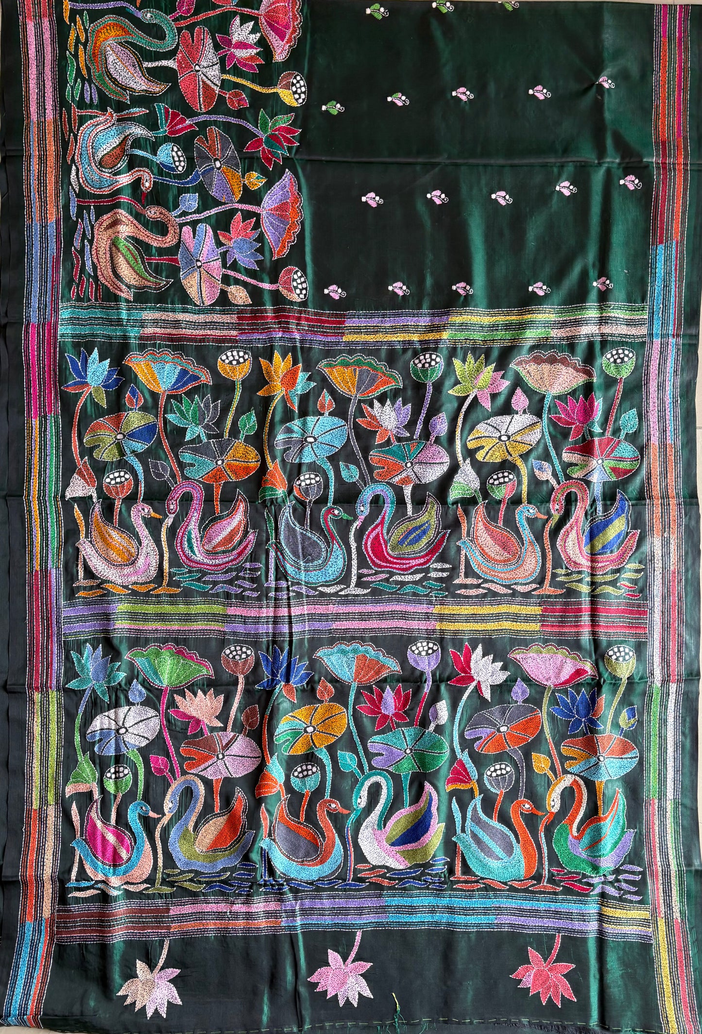 Bottle Green Kantha Stitch Hand Work Embroidered Art Silk Saree With Blouse