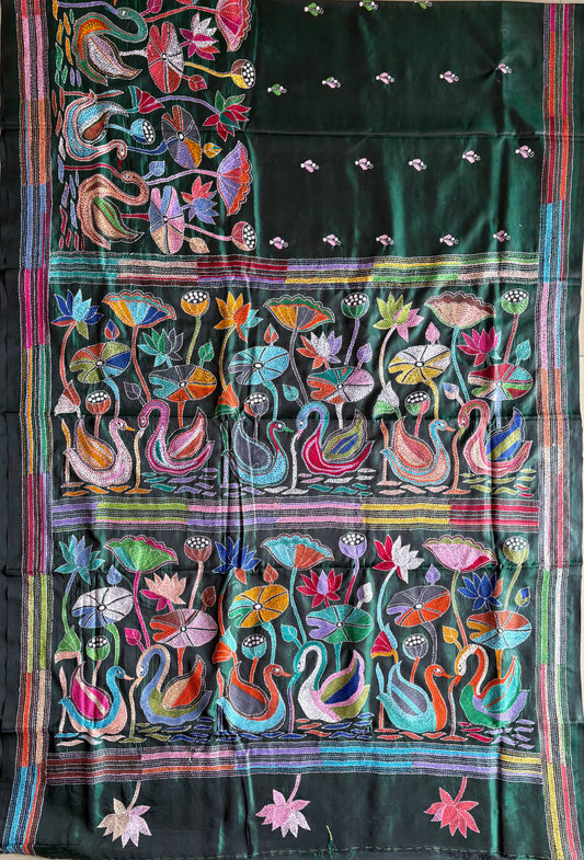 Bottle Green Kantha Stitch Hand Work Embroidered Art Silk Saree With Blouse