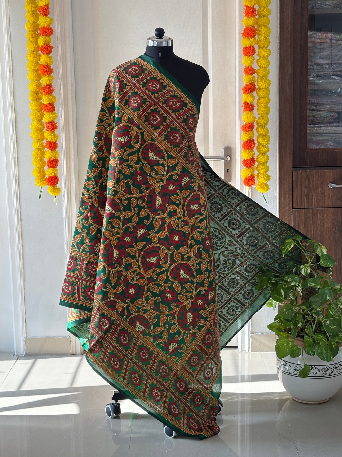 Kantha Hand Embroidary Full Work Pure Banglore Silk Dupatta. (With Silk Mark)