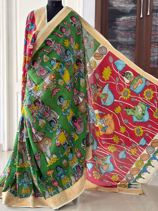 Pen Kalamkari hand painted pure cotton Saree with blouse