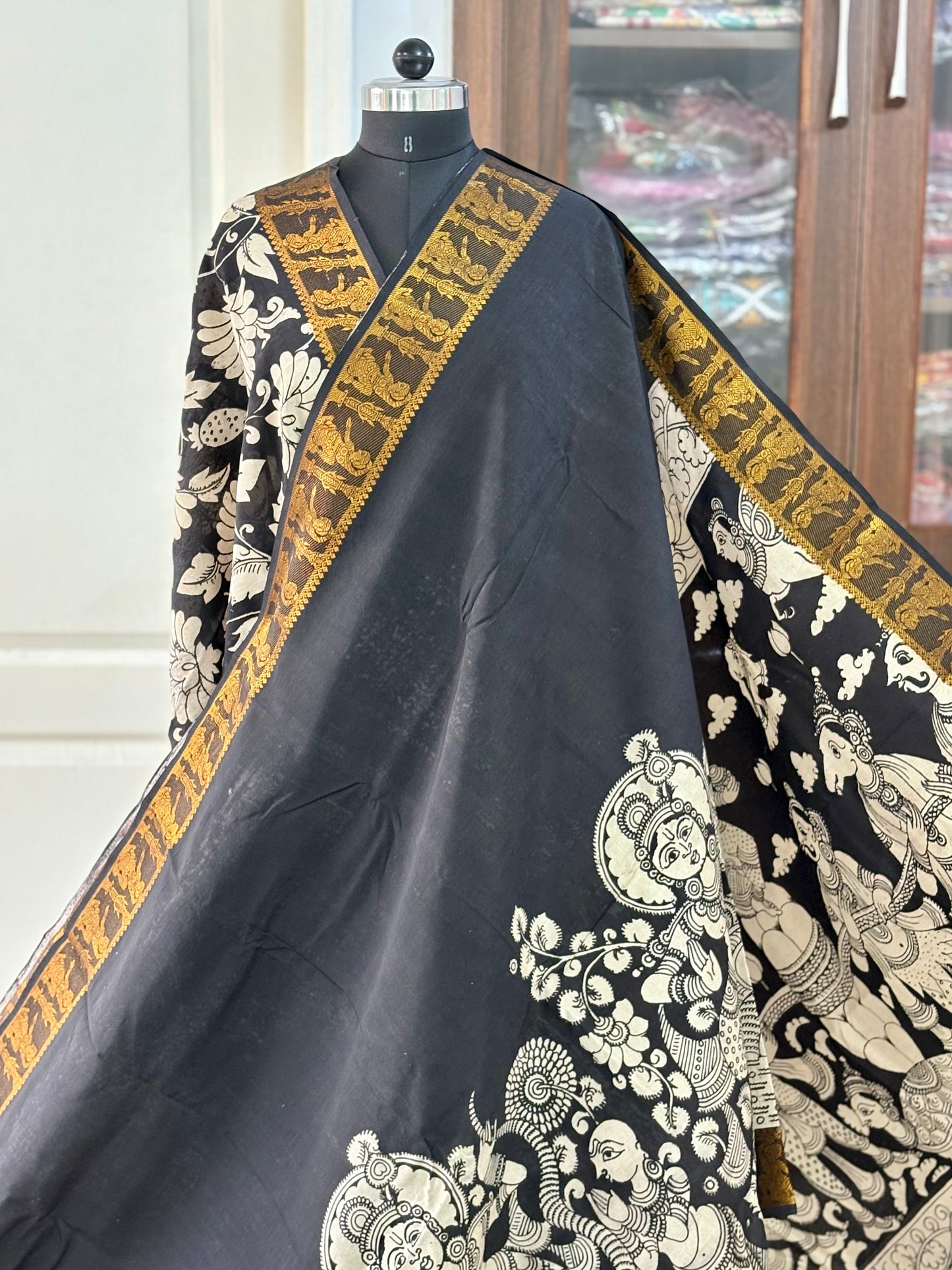 Pen Kalamkari hand painted Mangalgiri Silk black and white Saree with blouse