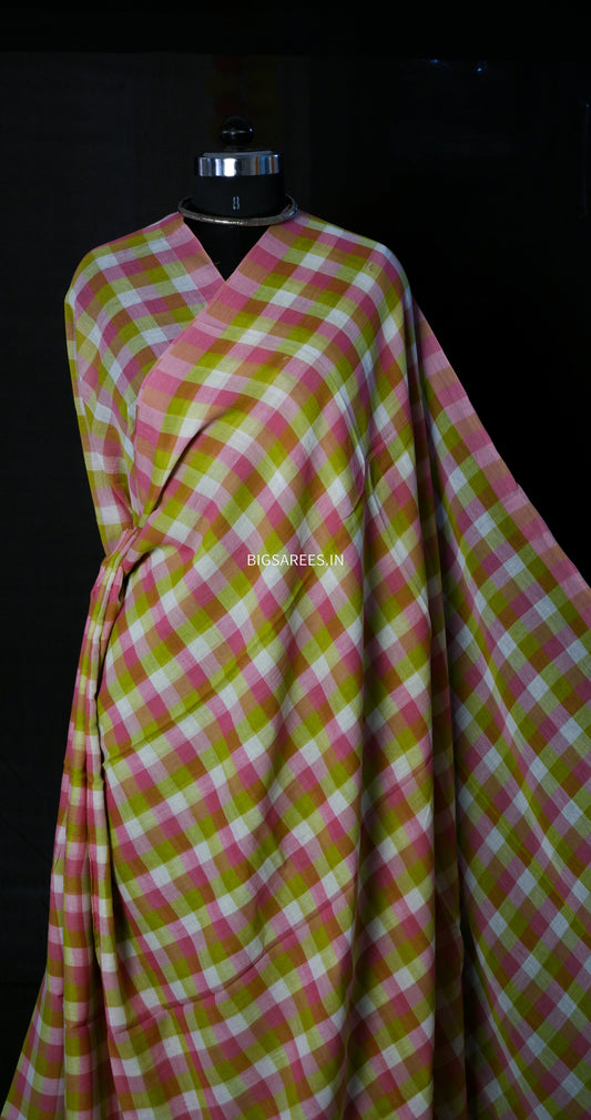 Checkered Mul Cotton Saree With Ikat Blouse | Ultra Lightweight |
