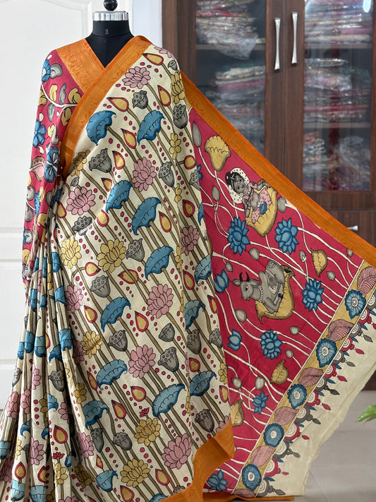 Pen Kalamkari hand painted Banglore Silk Saree with blouse