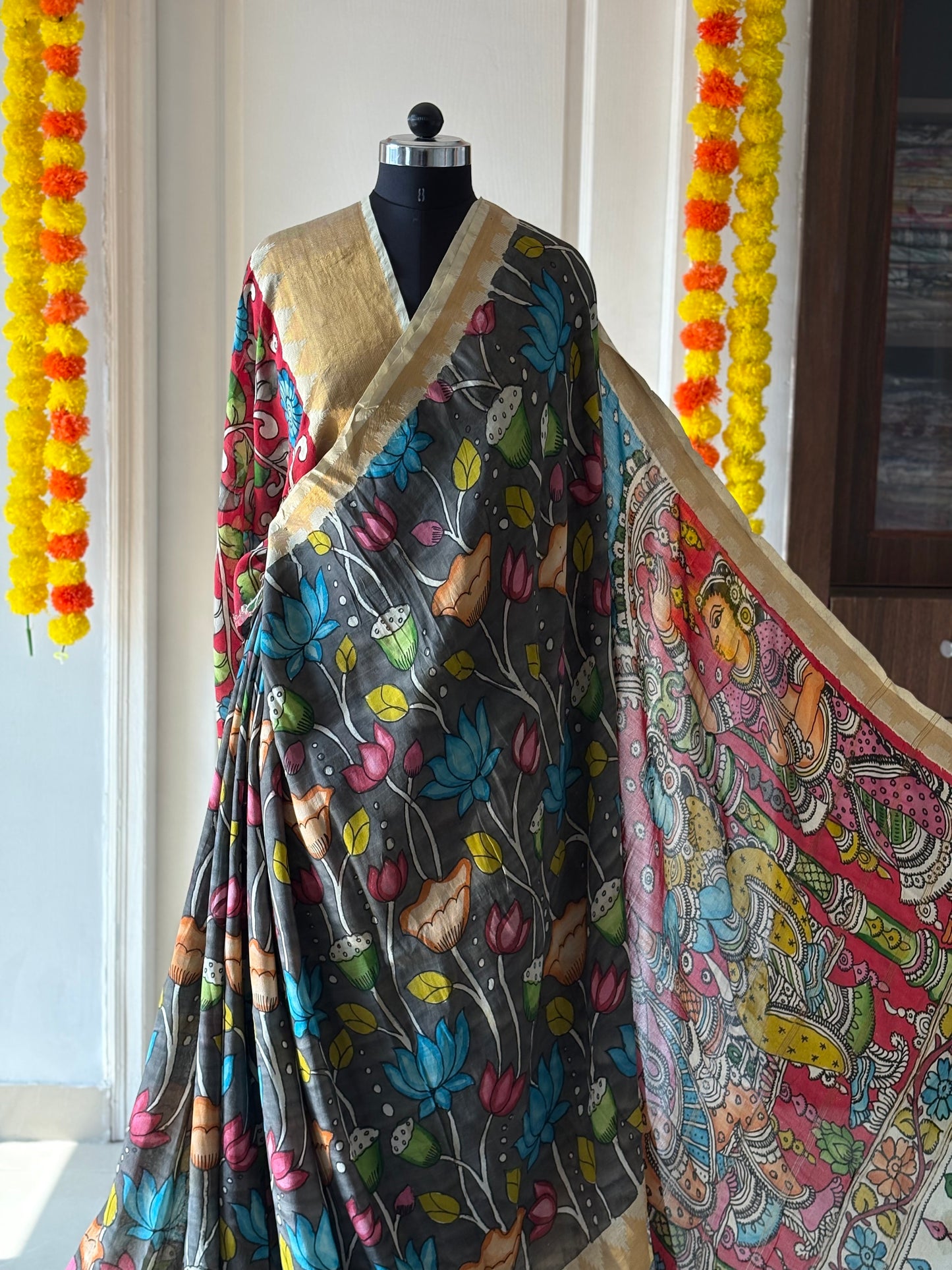 Pen Kalamkari hand painted Banglore Silk Saree with blouse