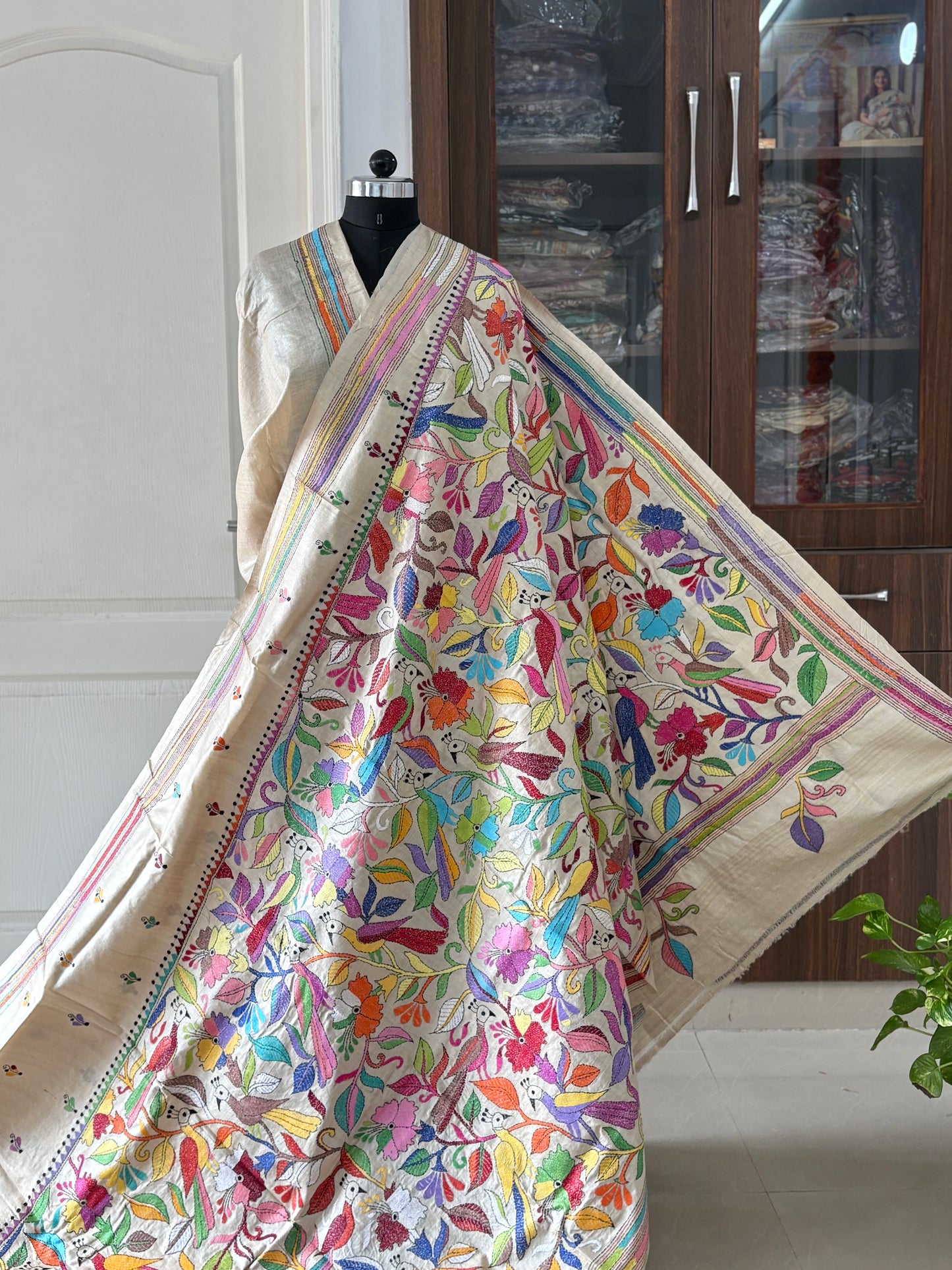Kantha Stitch Hand Embroidered Pure Gachi Tussar Silk Saree (Silk Marked)