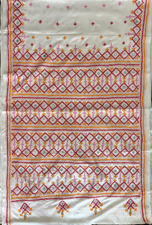 Real mirror work Kutchi Bhara Hand Embroidered Art Silk Saree- Off white