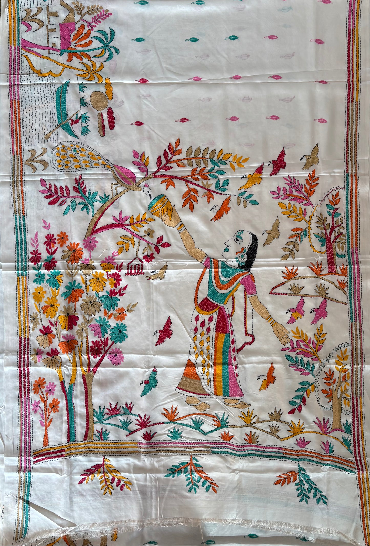 Kantha Hand Embroidered Blended Banglore Silk/Art Silk Saree With Blouse