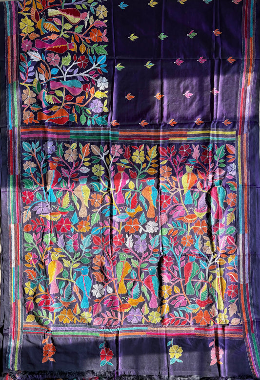 Kantha Hand Embroidered Blended Banglore Silk/Art Silk Saree With Blouse - Purple