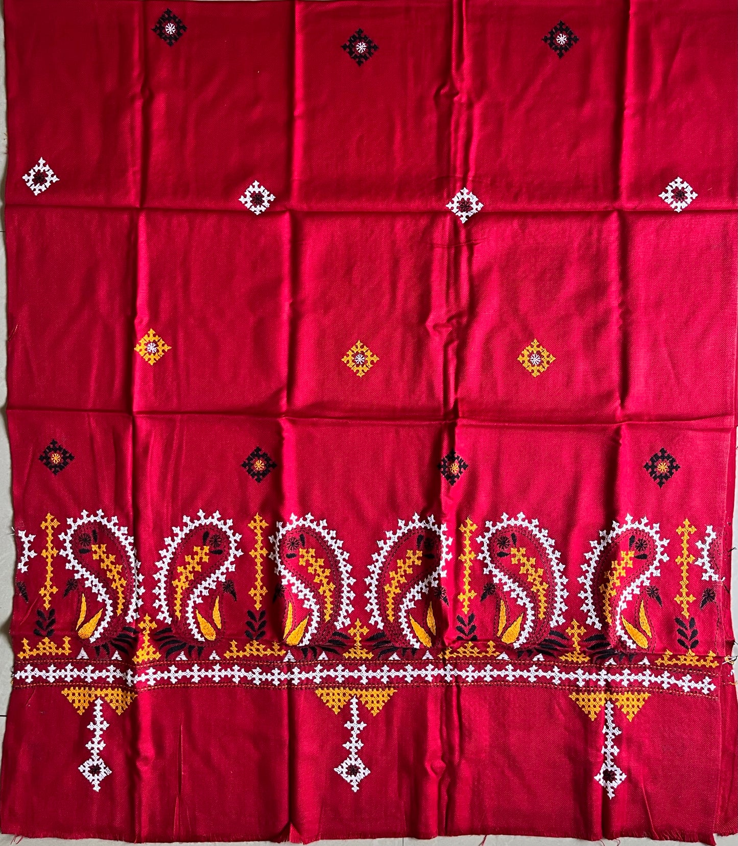 Gujrati Stitch Hand Embroidered Woollen Warm Shawl (Red)