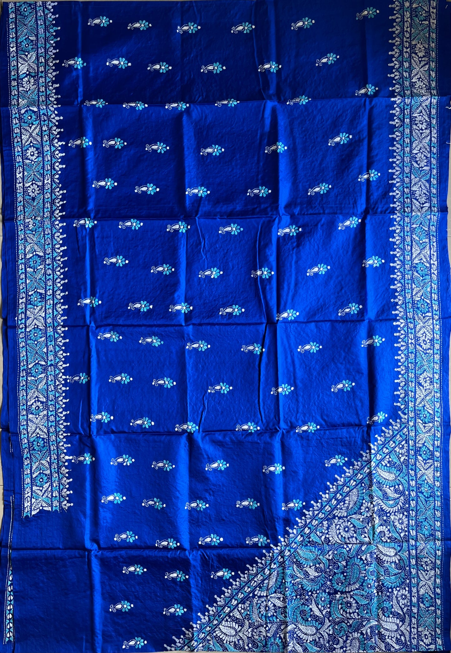 Royal Blue Kantha Hand Embroidered Pure Banglore Silk Saree