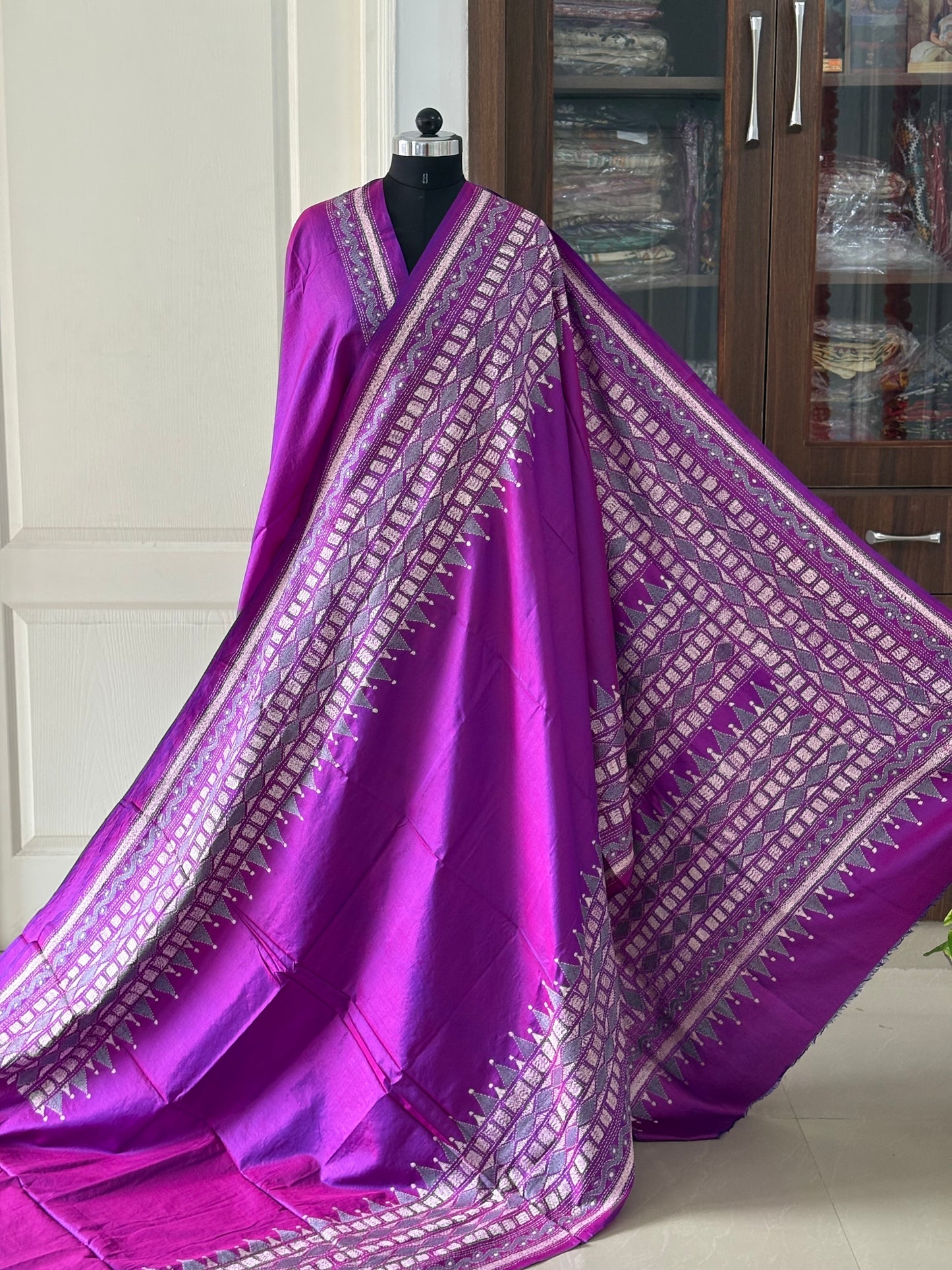 Kantha Hand Embroidered Pure Banglore Silk Saree (Silk Marked)