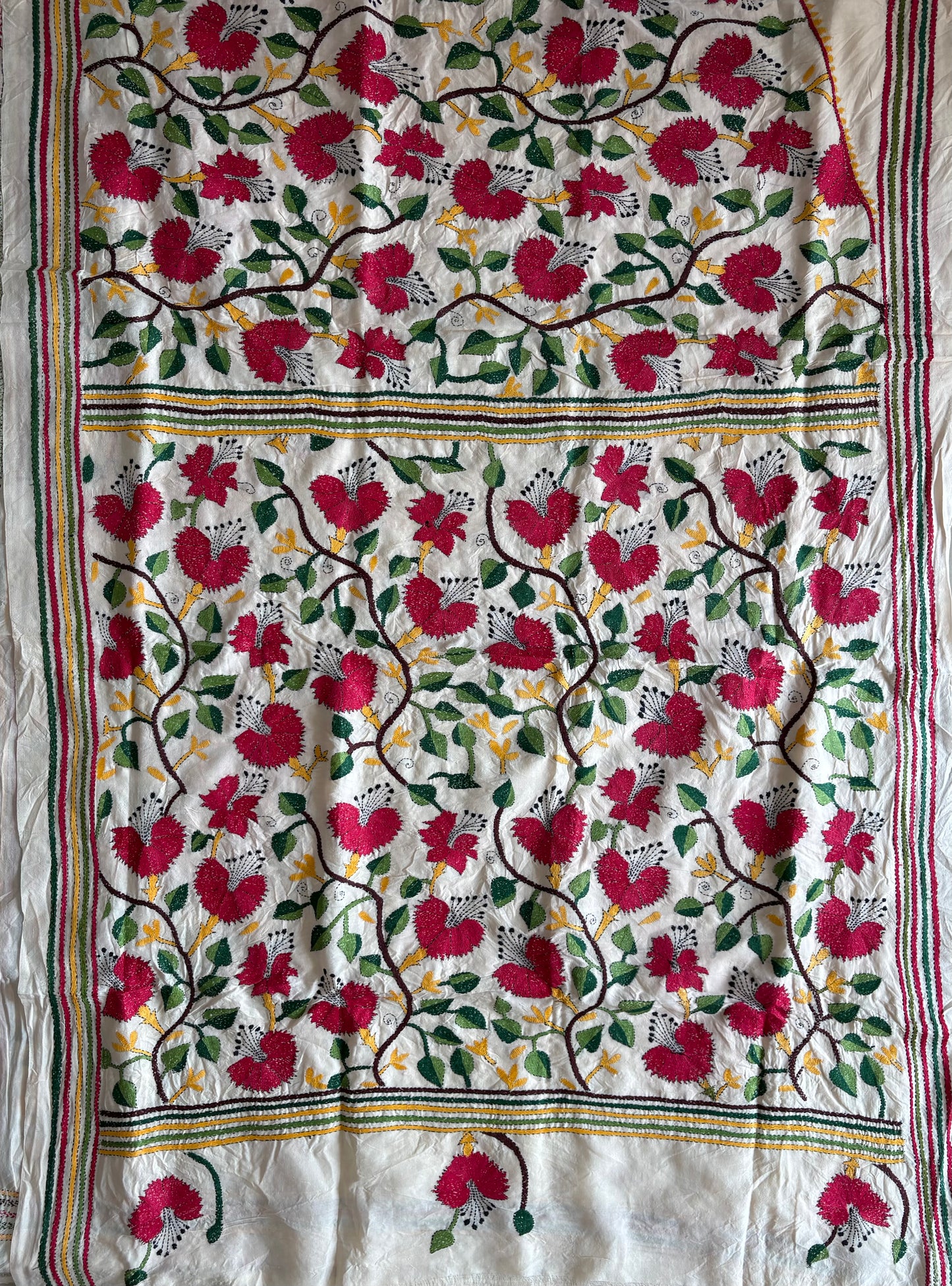 Off White Kantha Hand Embroidered Tussar Silk Saree