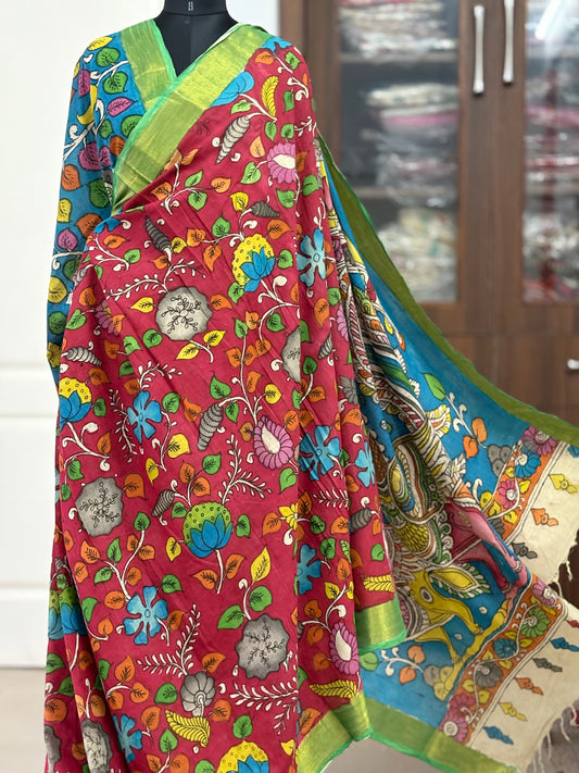 Pen Kalamkari hand painted pure cotton Saree with blouse