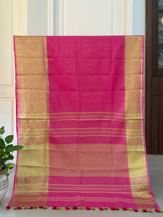 Pink gold pure Linen By Linen Saree With running Blouse