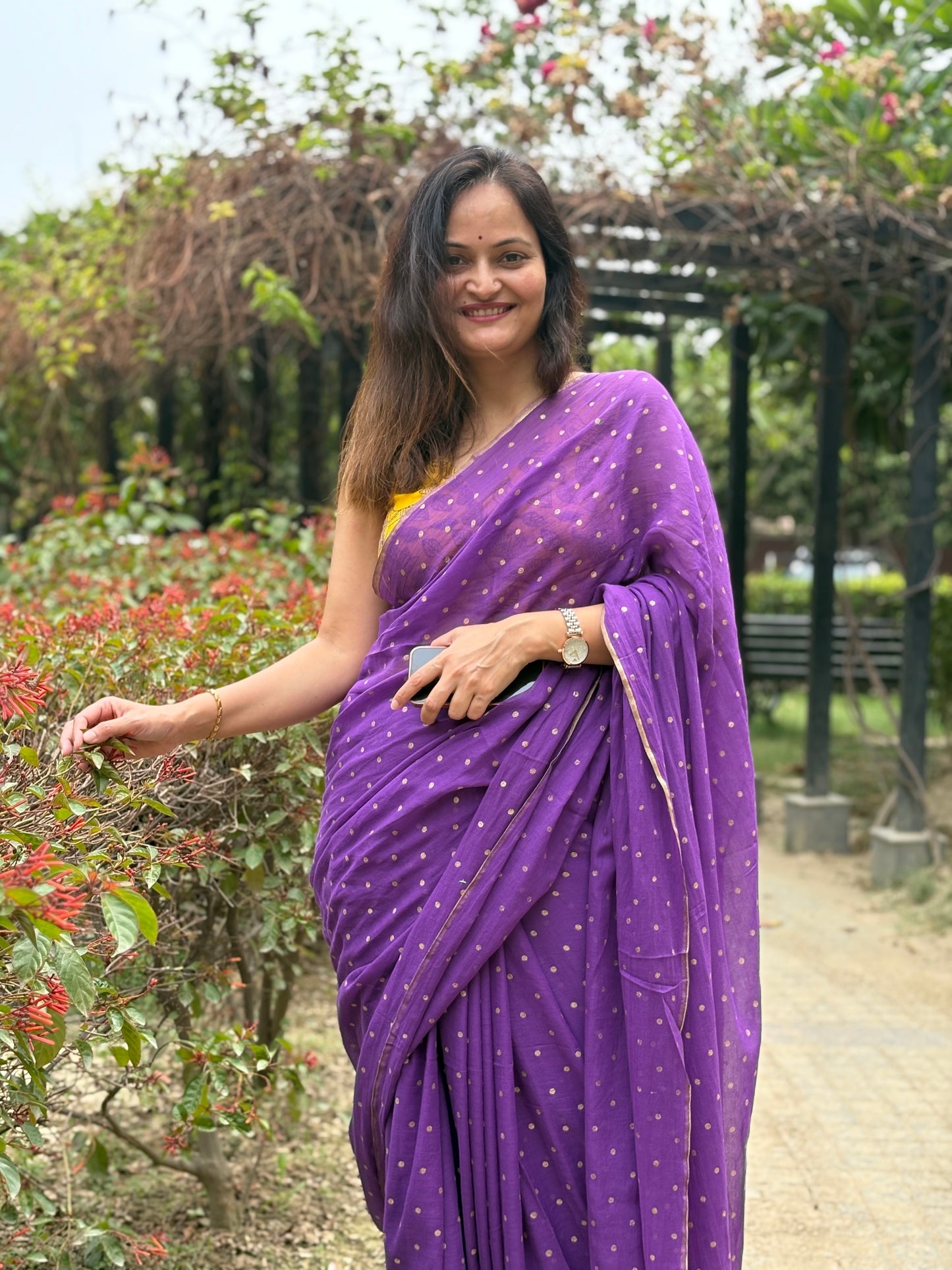 Mul Cotton polka dots Saree - Purple