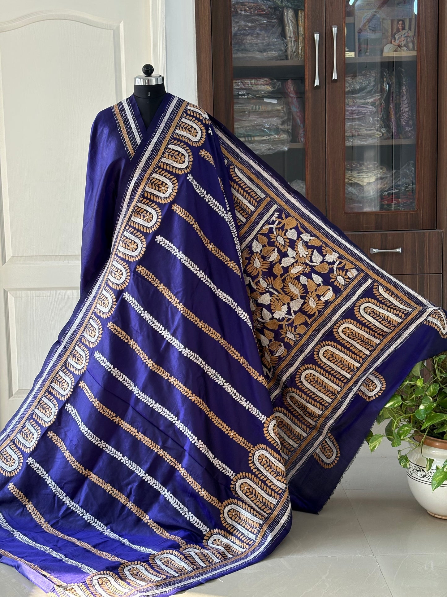 Kantha Stitch Hand Embroidered Pure Banglore Silk Saree