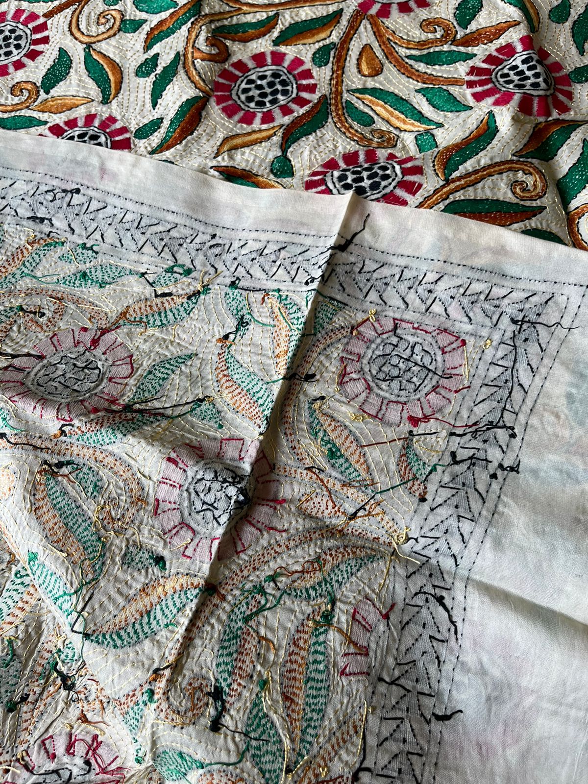 Kantha Stitch Silk Dupatta - Off White