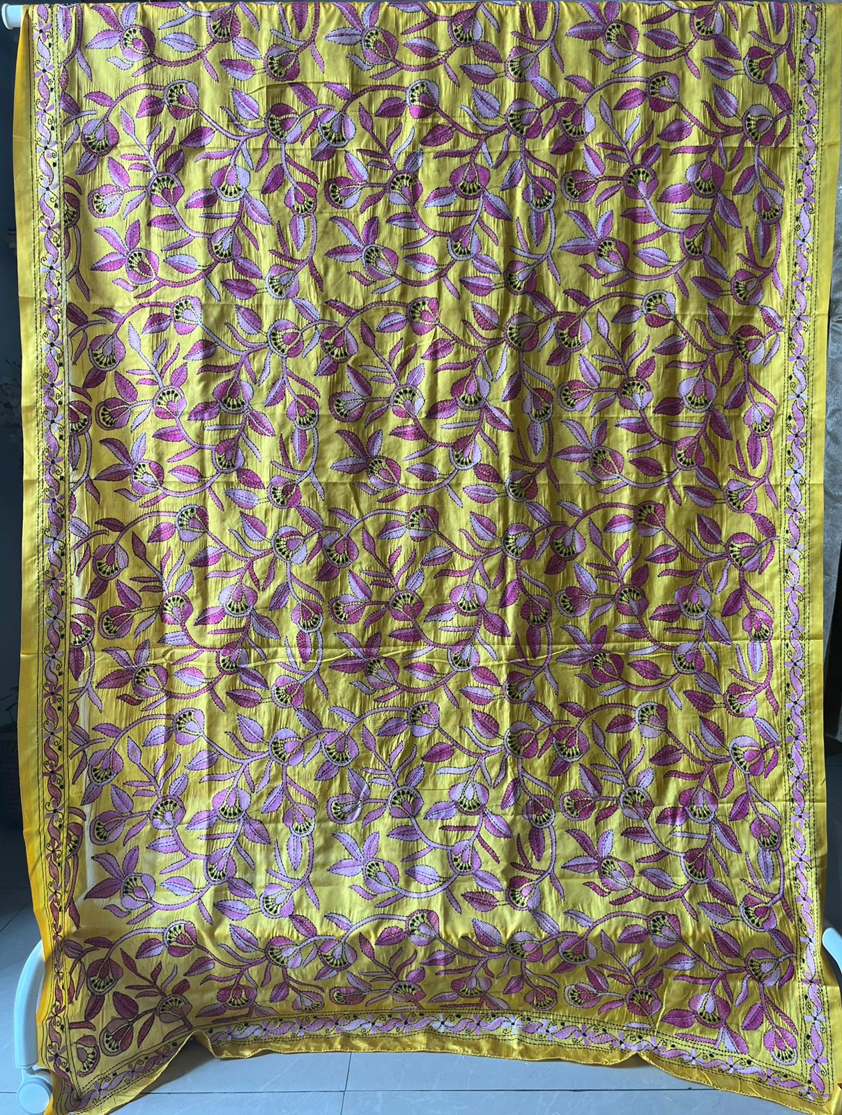 Yellow Kantha Stitch Hand Embroidary Full Work Blended Banglore Silk Dupatta 44″