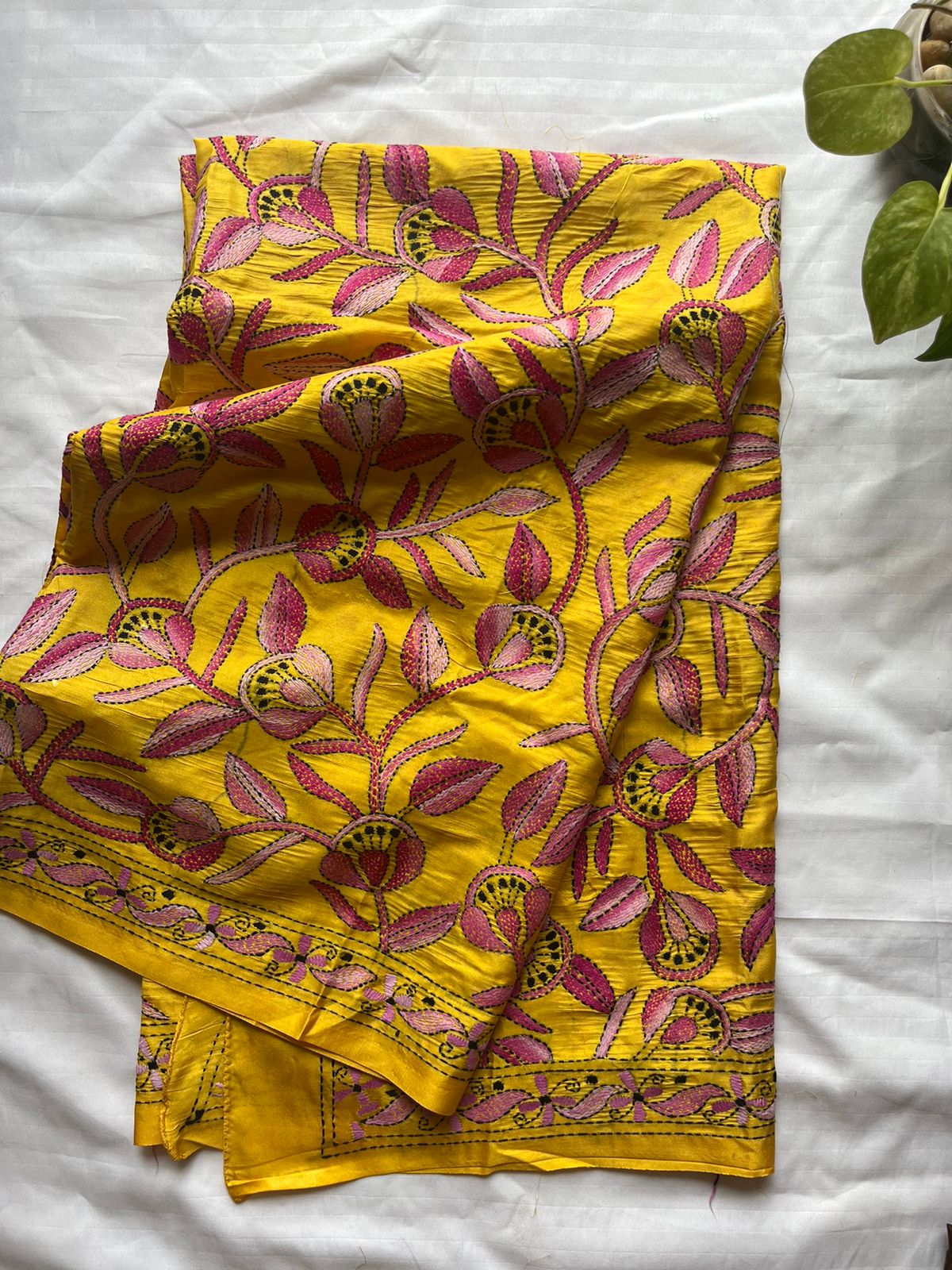 Yellow Kantha Stitch Hand Embroidary Full Work Blended Banglore Silk Dupatta 44″