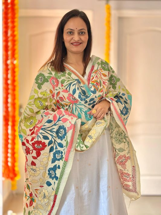 Kantha Hand Embroidary Full Work Semi Tusshar Silk Dupatta 36”