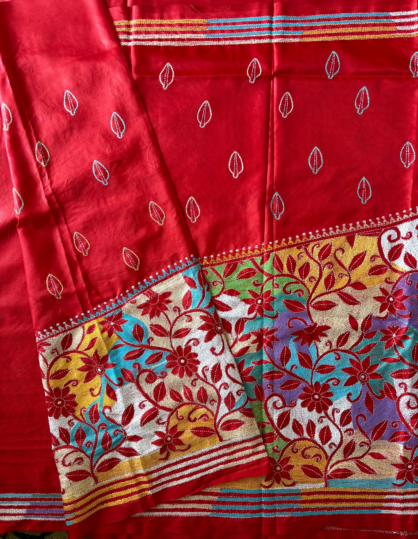 Kantha - Stitch Hand Embroidered Saree| Blended Bangalore Silk / Art Silk